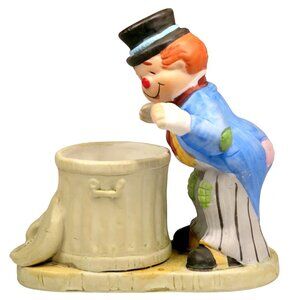 Jasco Luvkins Hobo & Trash Can Candle Holder 1980s Bisque Clown Figurine